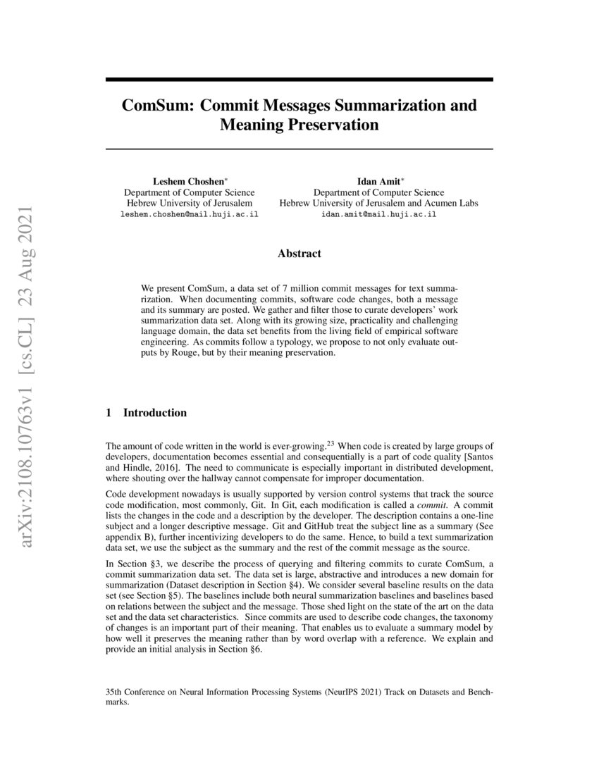 ComSum Commit Messages Summarization and Meaning Preservation DeepAI