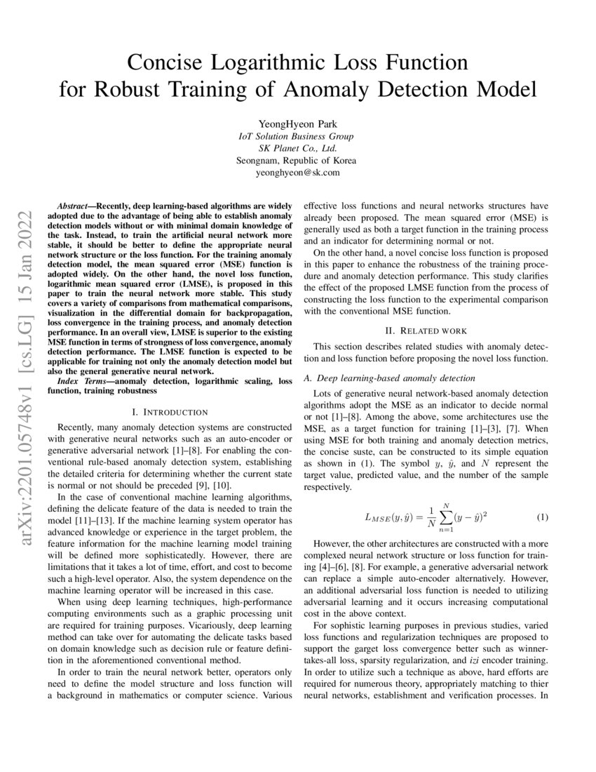Concise Logarithmic Loss Function for Robust Training of Anomaly Detection Model DeepAI