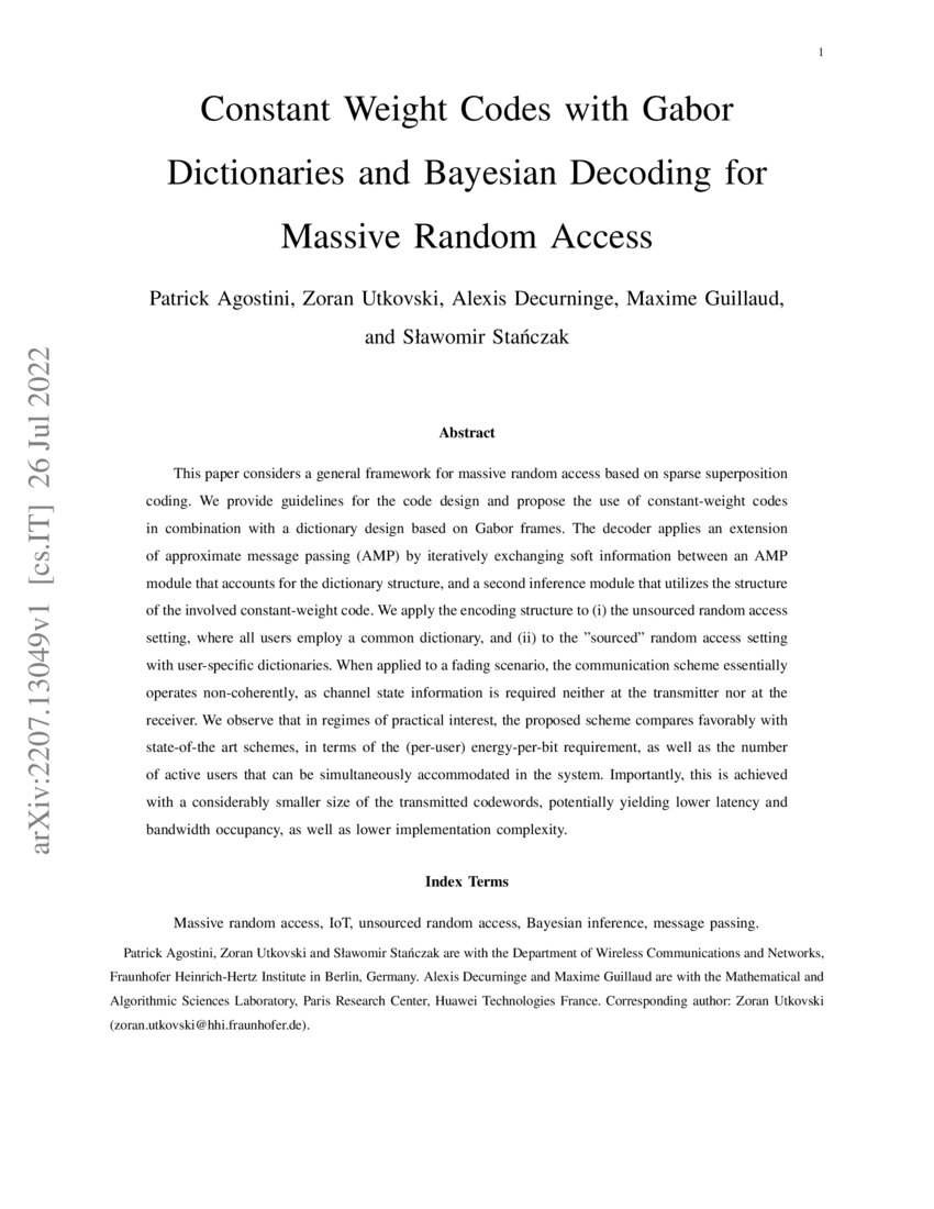 Constant Weight Codes with Gabor Dictionaries and Bayesian Decoding for