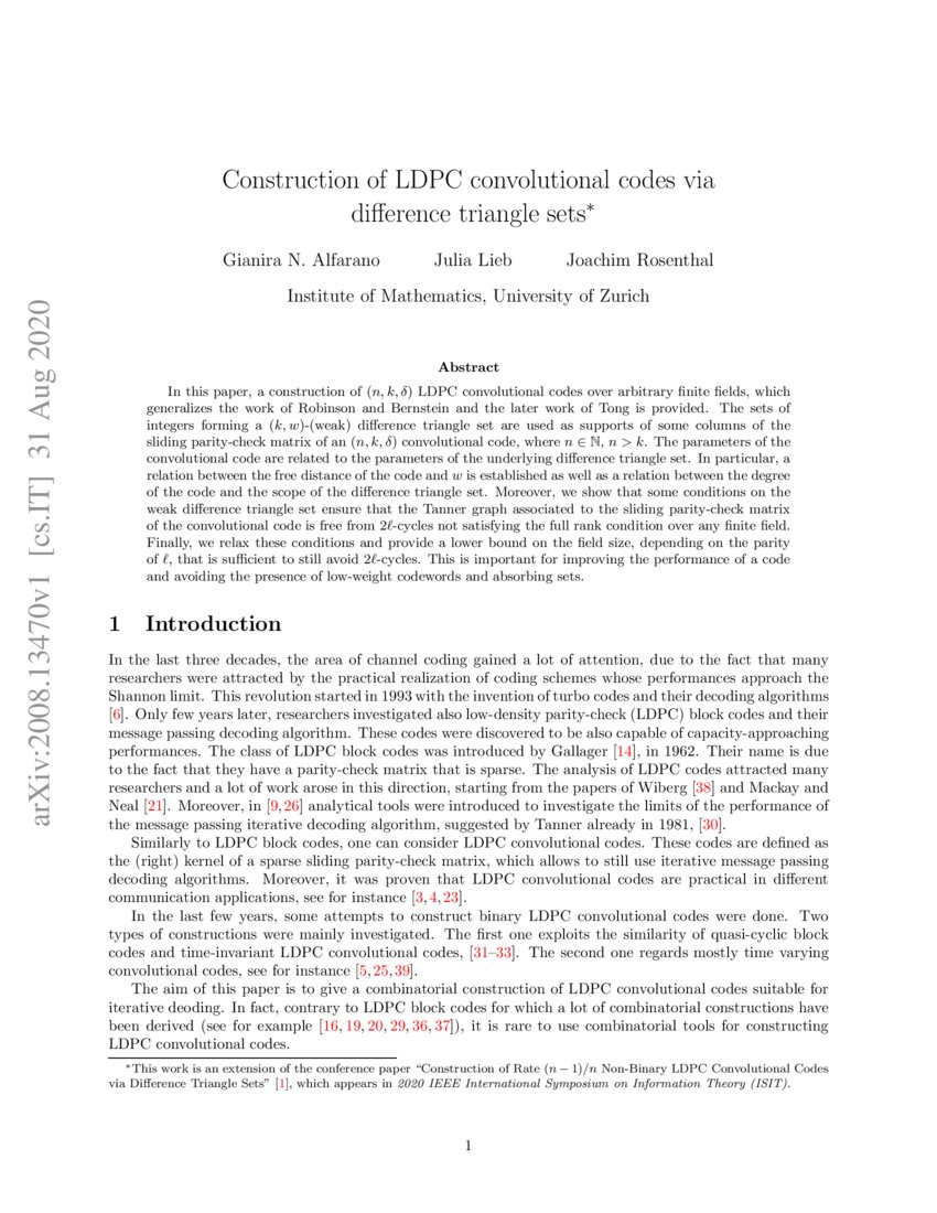 Construction of LDPC convolutional codes via difference triangle sets ...