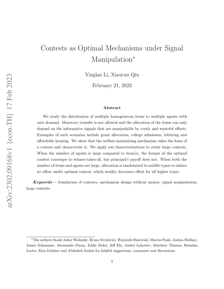 Contests as Optimal Mechanisms under Signal Manipulation DeepAI