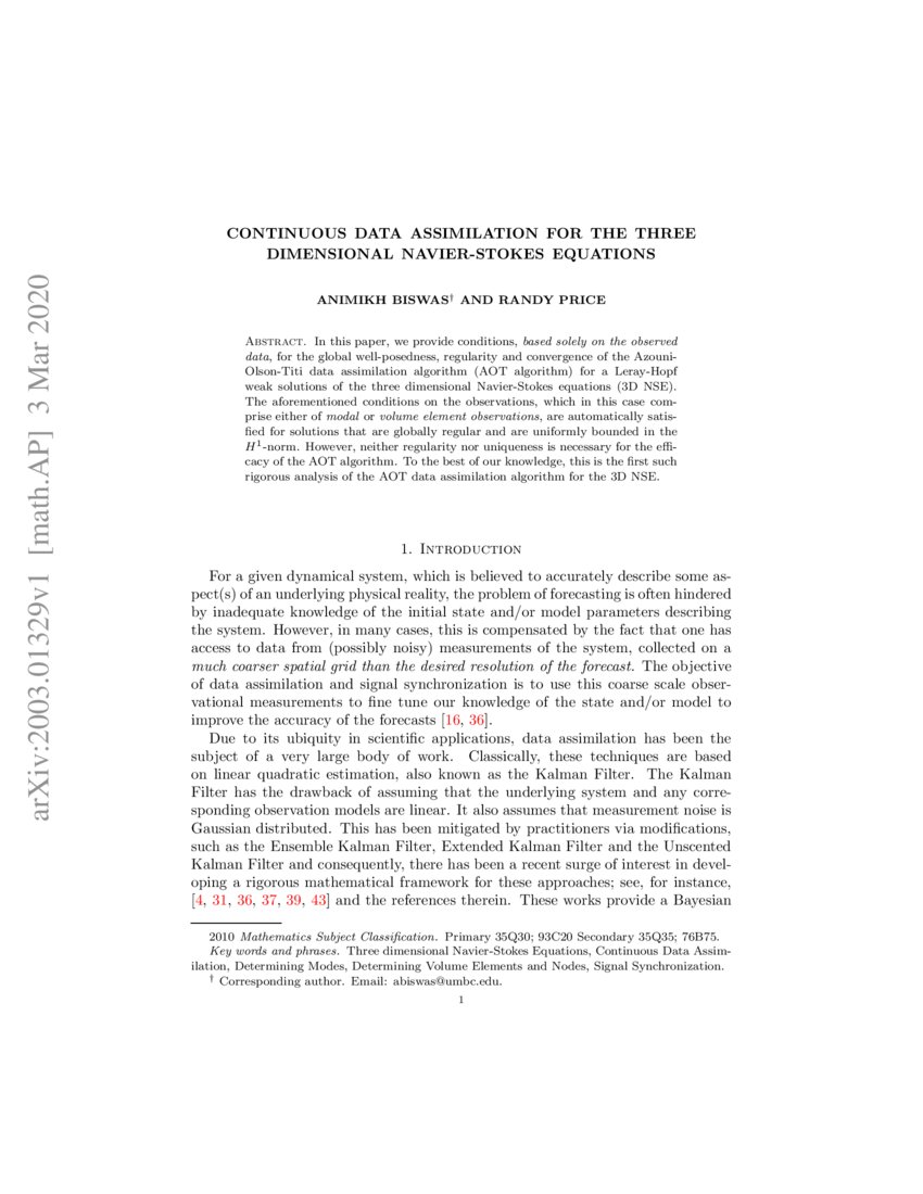 Continuous Data Assimilation for the Three Dimensional Navier-Stokes ...