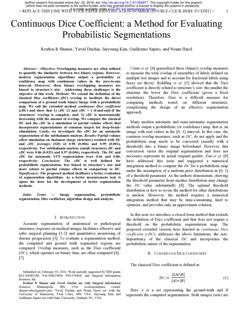 Continuous Dice Coefficient a Method for Evaluating Probabilistic