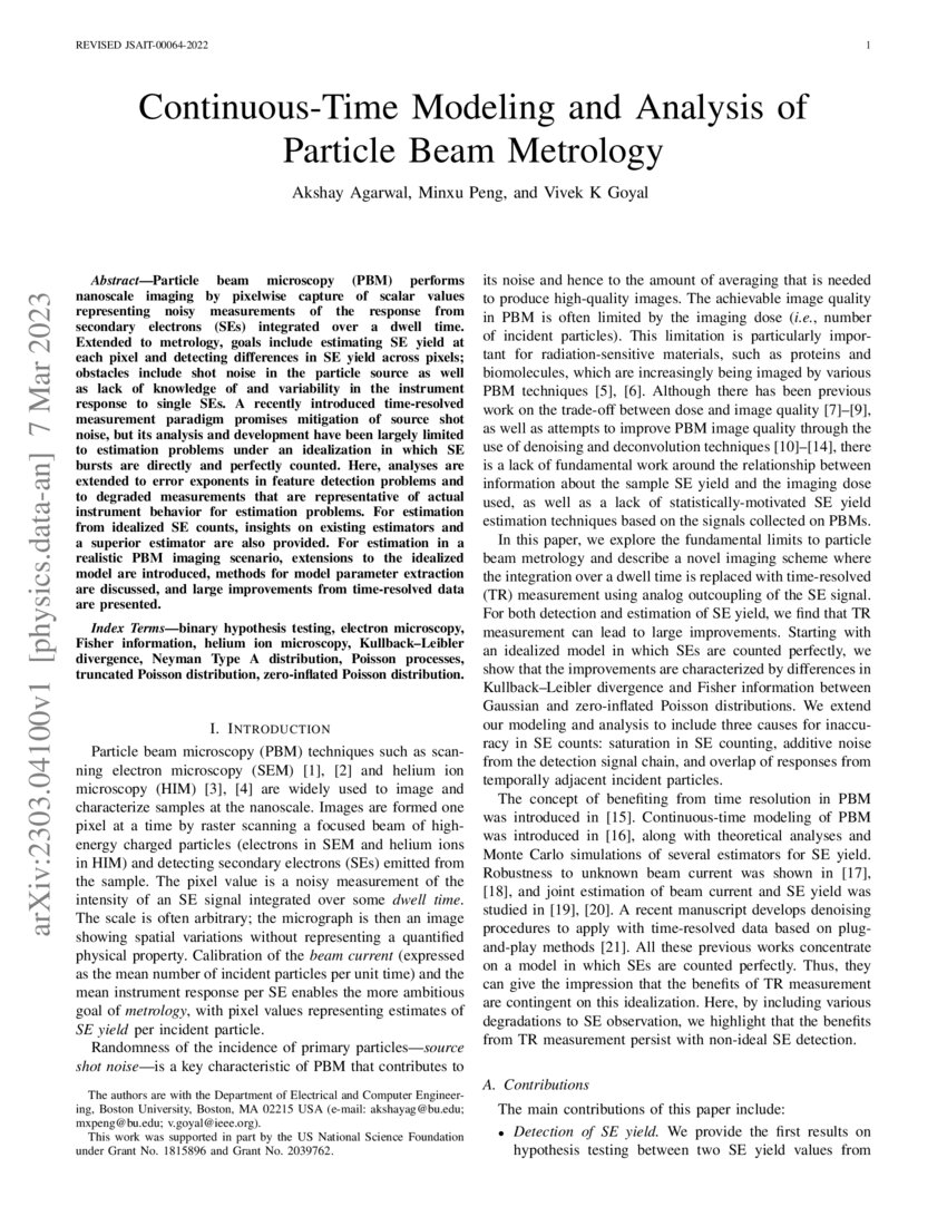 ContinuousTime Modeling and Analysis of Particle Beam Metrology DeepAI