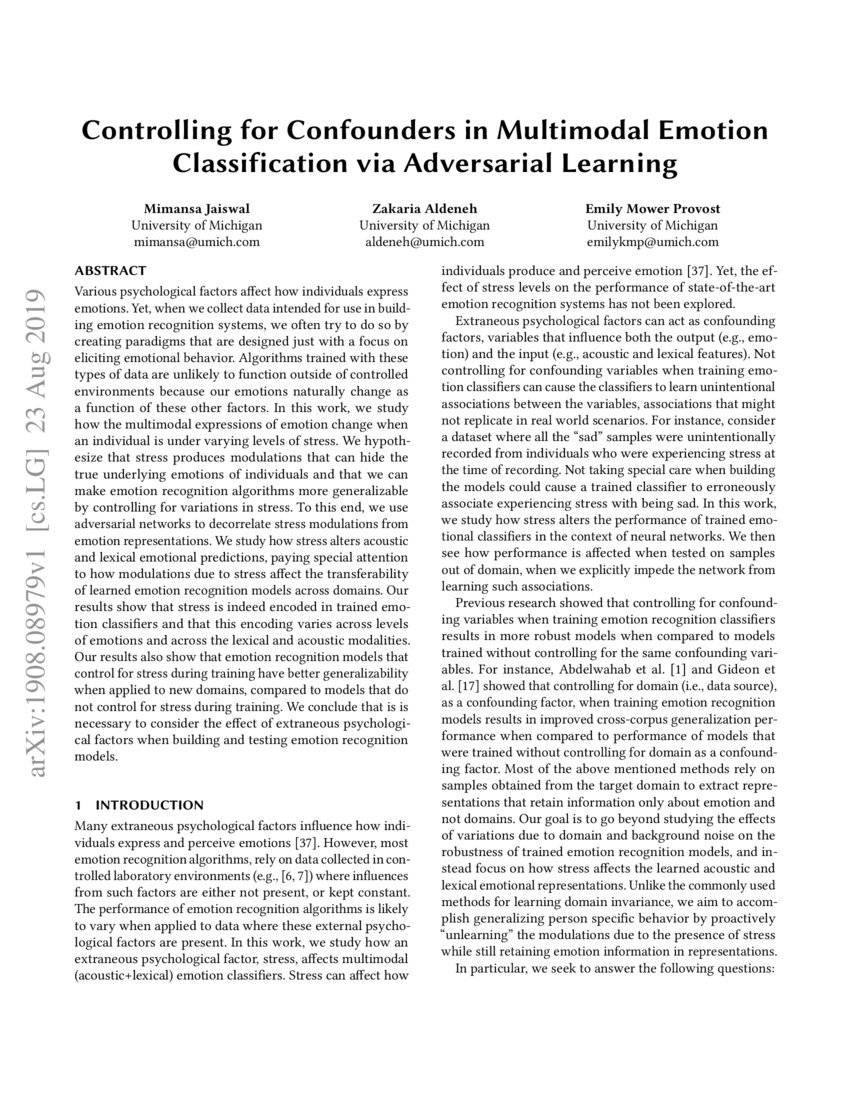 Controlling for Confounders in Multimodal Emotion Classification via ...