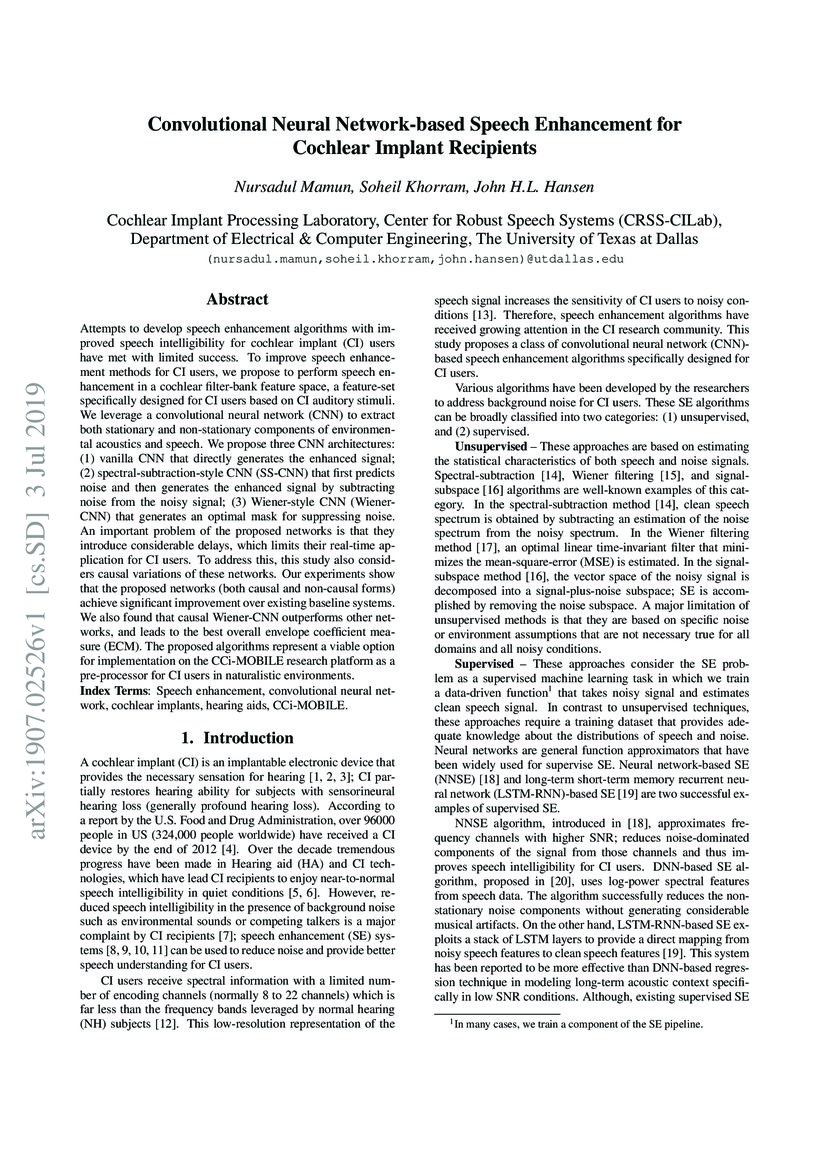 Convolutional Neural Networkbased Speech Enhancement for Cochlear