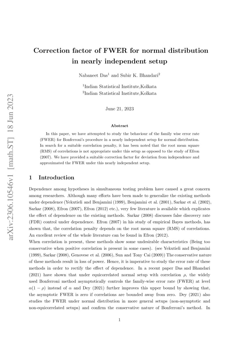 Correction Factor of FWER for Normal Distribution in Nearly Independent Setup DeepAI