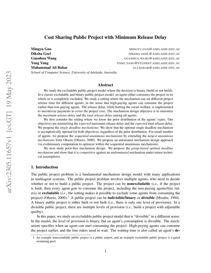 Cost Sharing Public Project with Minimum Release Delay DeepAI