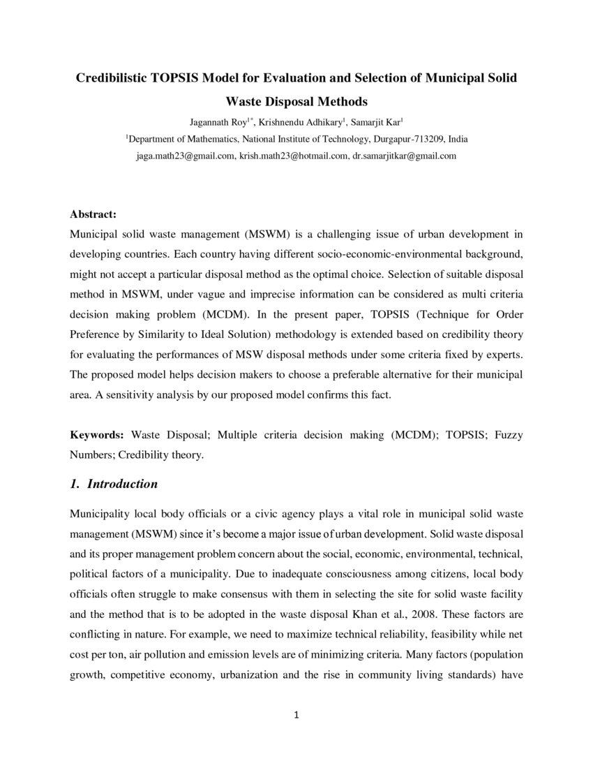 Credibilistic TOPSIS Model For Evaluation And Selection Of Municipal 