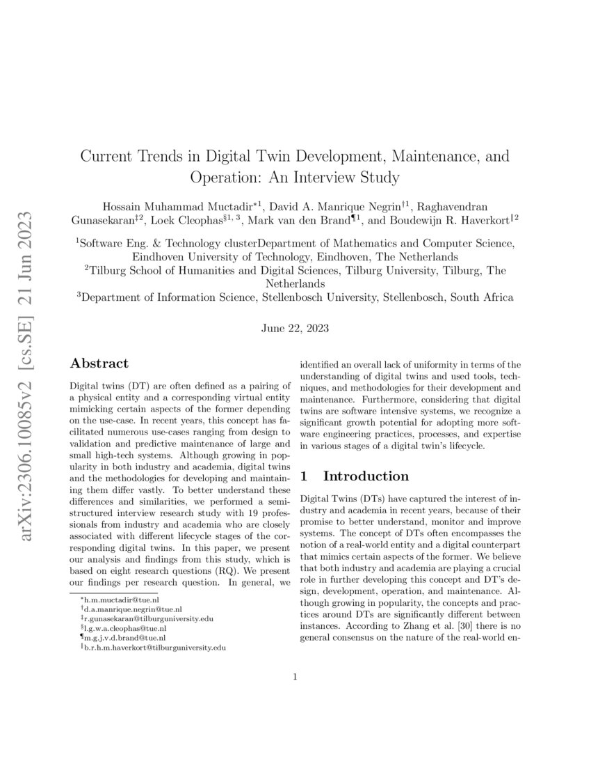 Current Trends in Digital Twin Development, Maintenance, and Operation