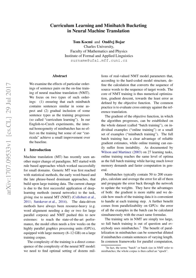 Curriculum Learning and Minibatch Bucketing in Neural Machine Translation DeepAI