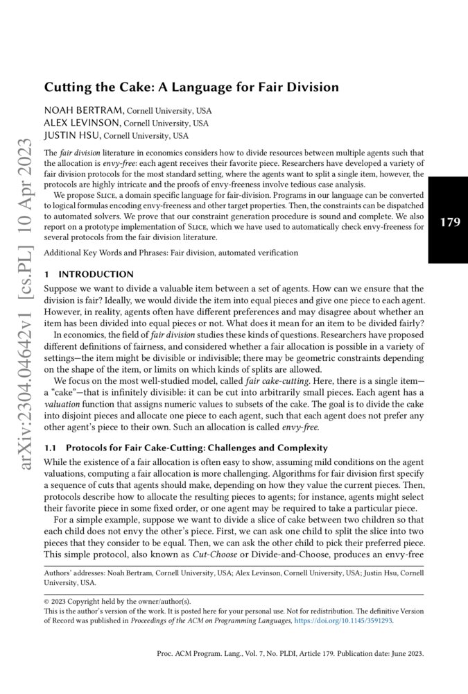 Cutting the Cake A Language for Fair Division DeepAI