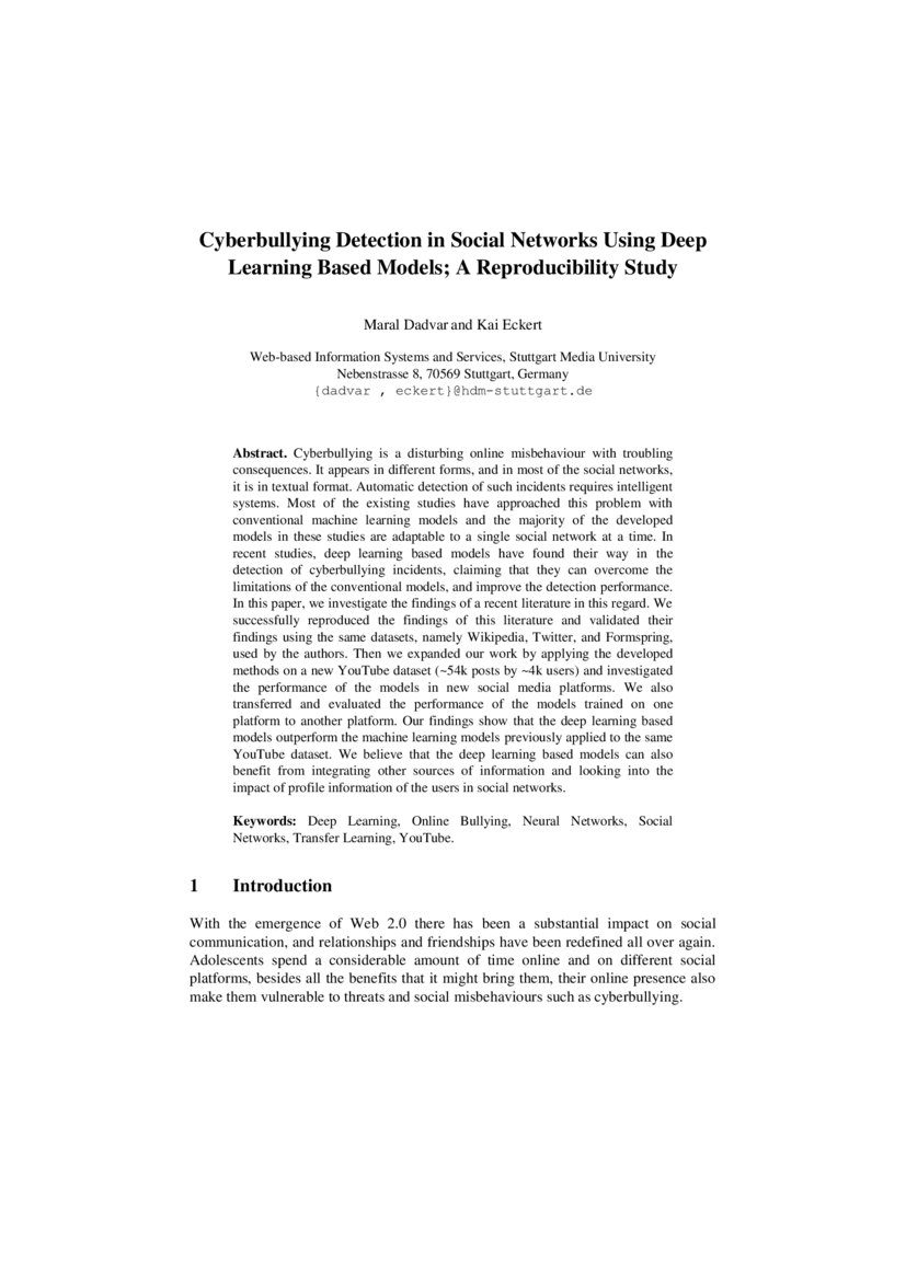 Cyberbullying Detection in Social Networks Using Deep Learning Based ...