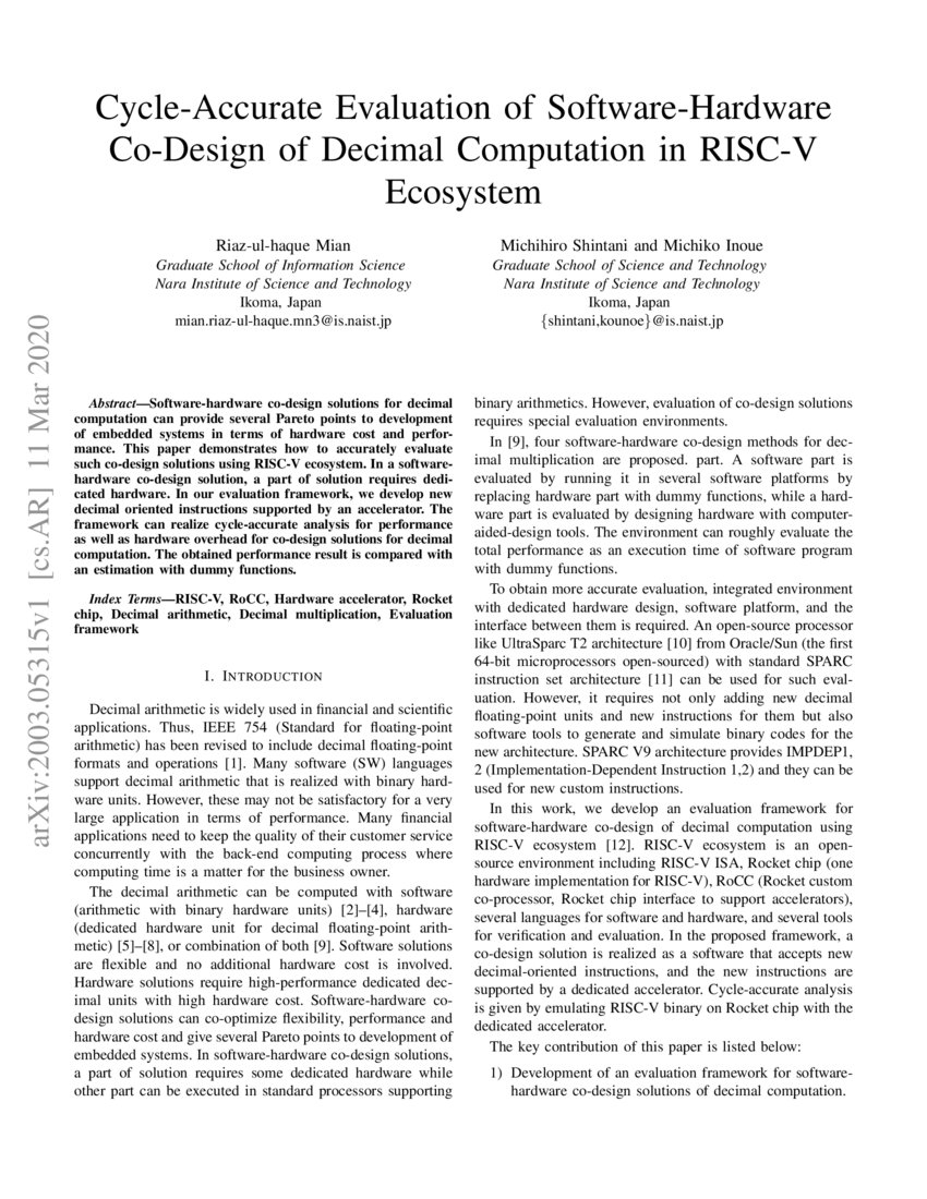 Cycle-Accurate Evaluation of Software-Hardware Co-Design of Decimal  Computation in RISC-V Ecosystem | DeepAI