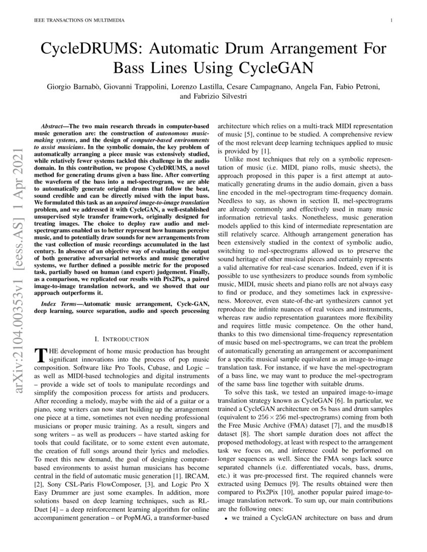 CycleDRUMS Automatic Drum Arrangement For Bass Lines Using CycleGAN