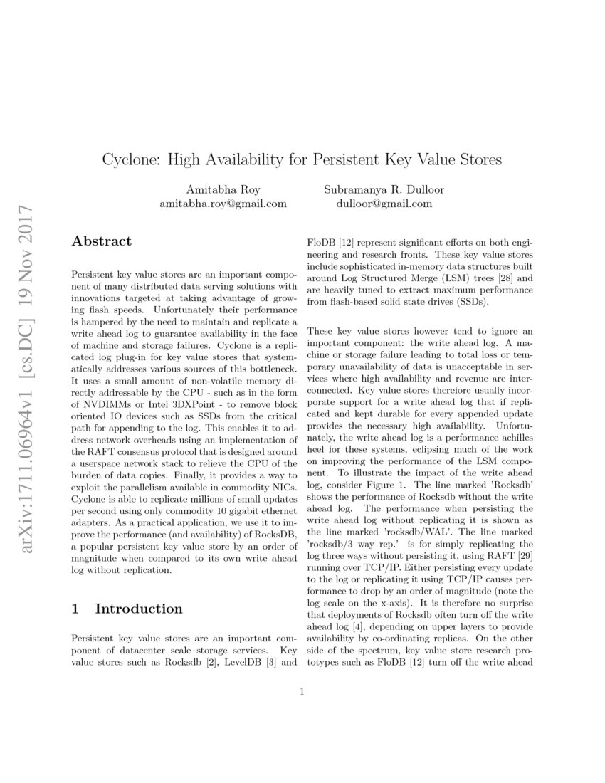 Cyclone: High Availability for Persistent Key Value Stores | DeepAI