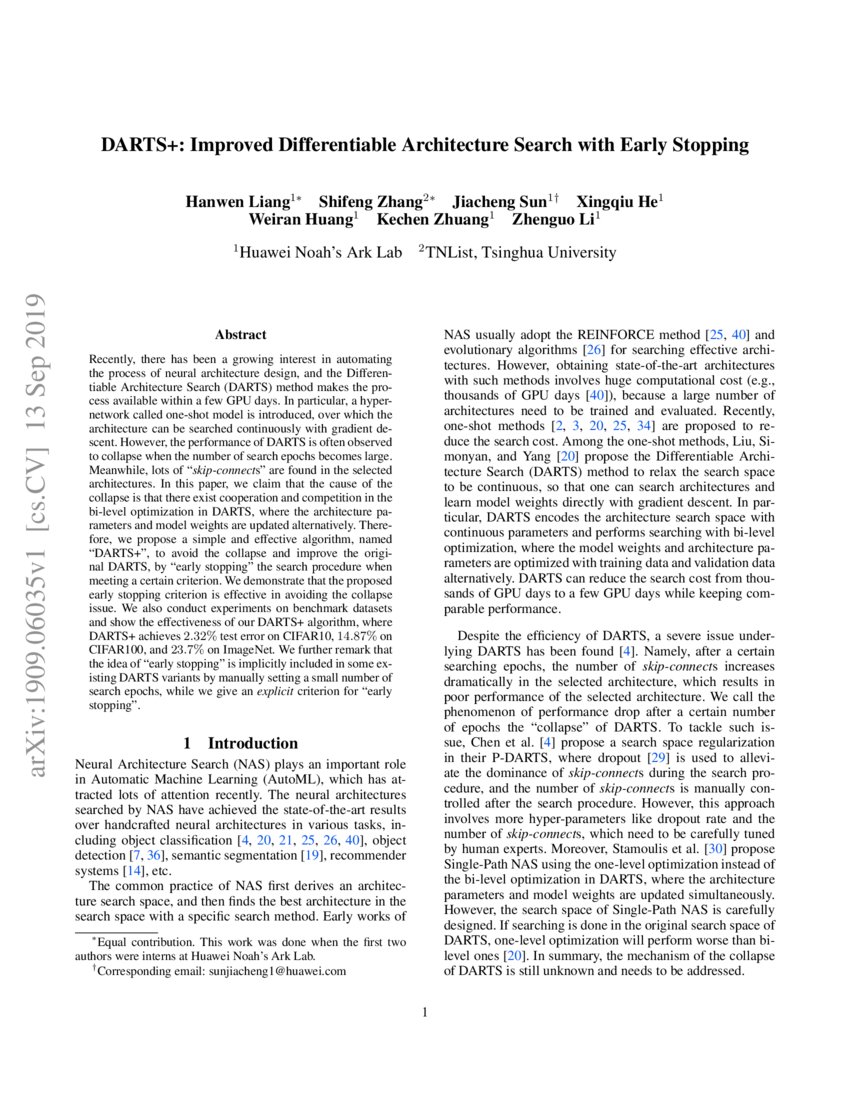 DARTS+ Improved Differentiable Architecture Search with Early Stopping