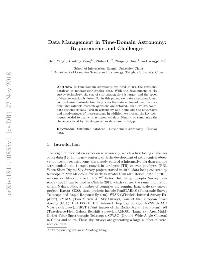 Data Management in TimeDomain Astronomy Requirements and Challenges DeepAI