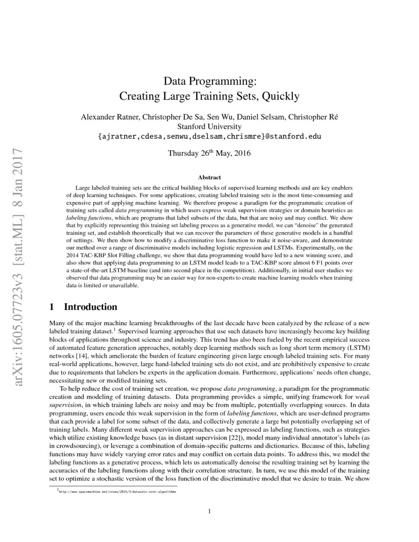 Data Programming: Creating Large Training Sets, Quickly | DeepAI