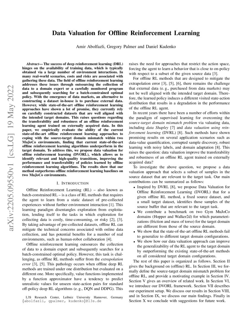 Data Valuation for Offline Reinforcement Learning | DeepAI