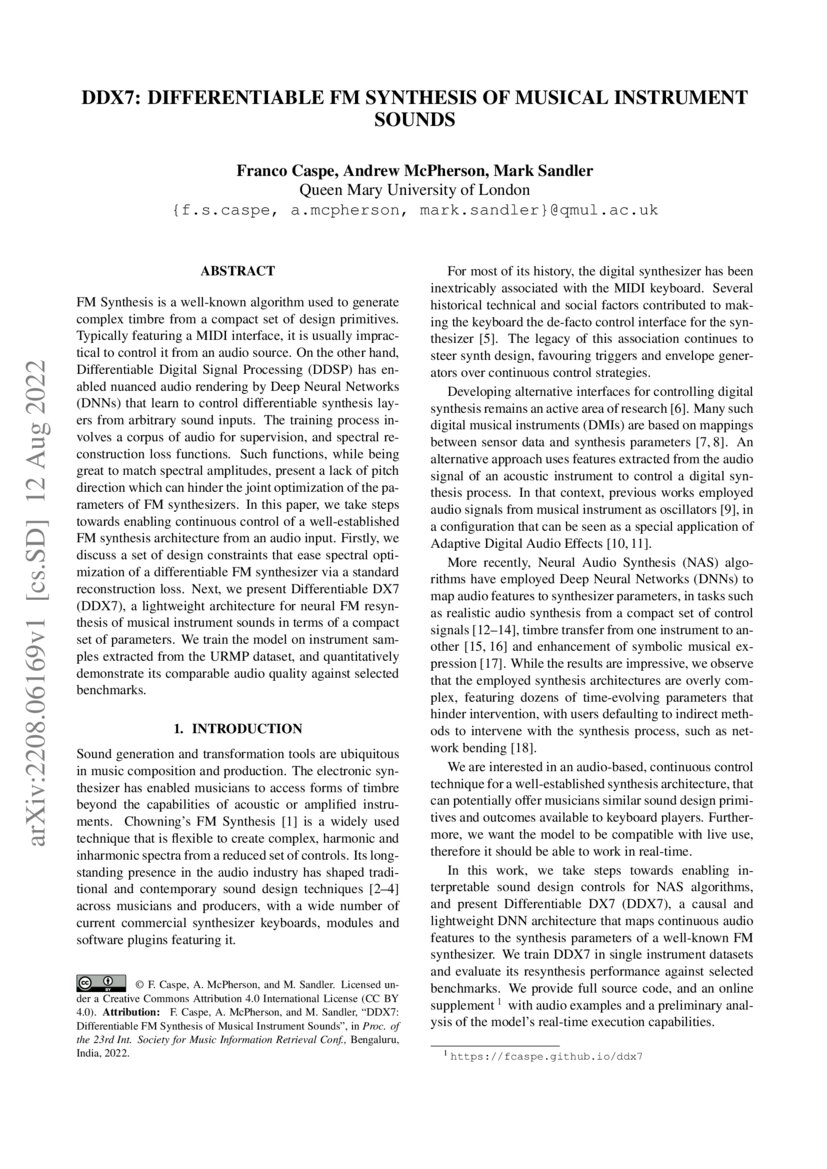 DDX7 Differentiable FM Synthesis of Musical Instrument Sounds DeepAI