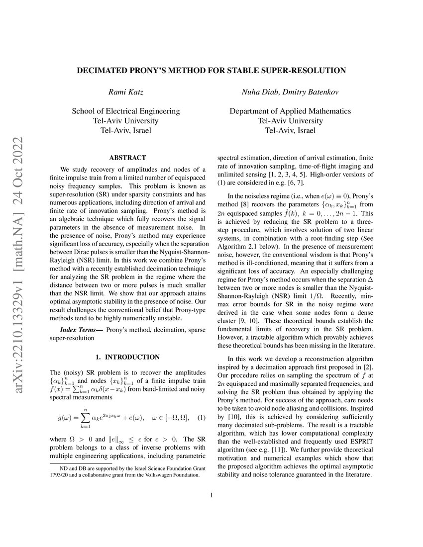 Decimated Prony's Method for Stable Superresolution DeepAI