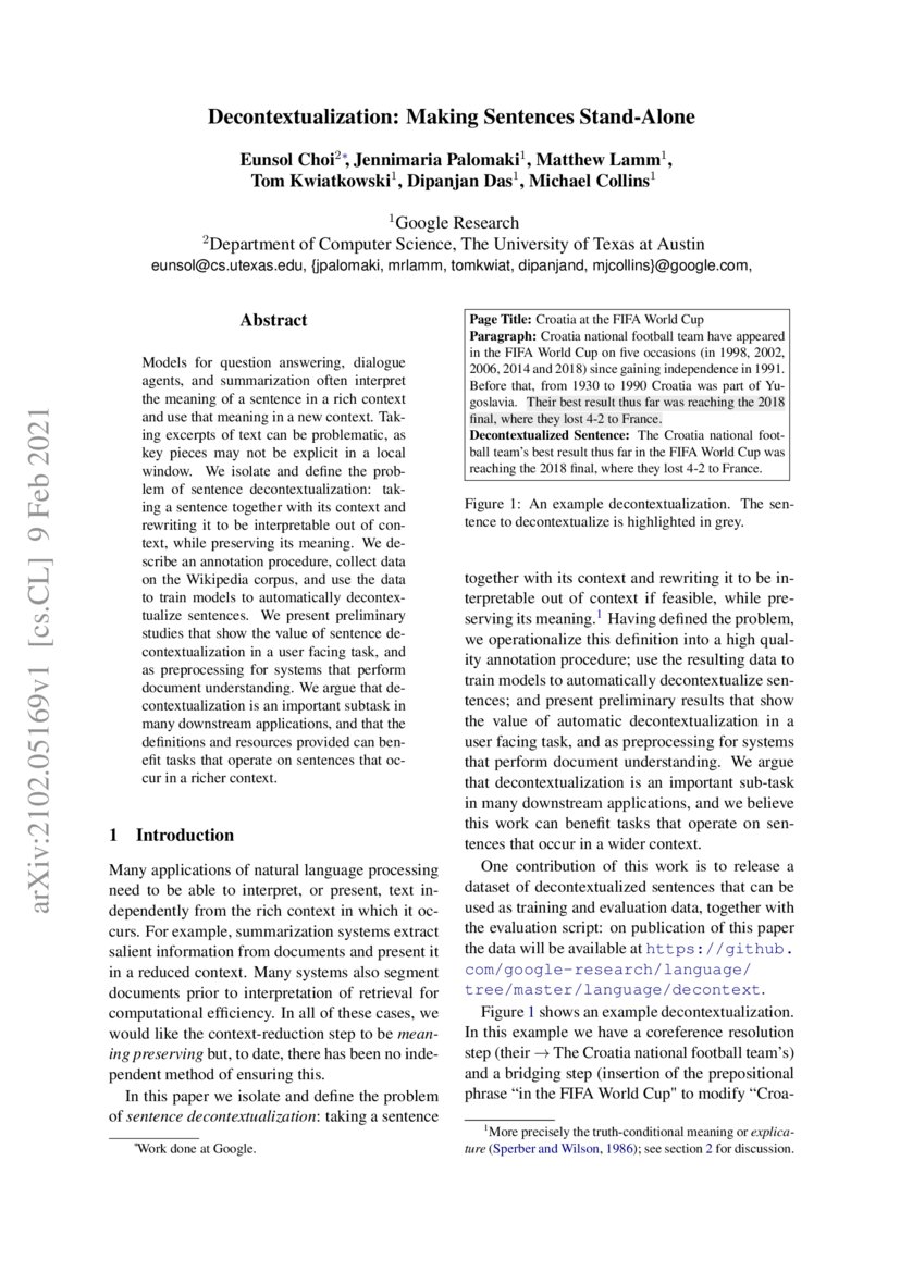 Decontextualization Making Sentences StandAlone DeepAI