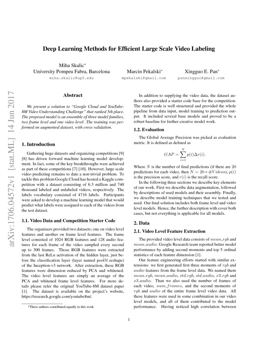 Deep Learning Methods for Efficient Large Scale Video Labeling DeepAI