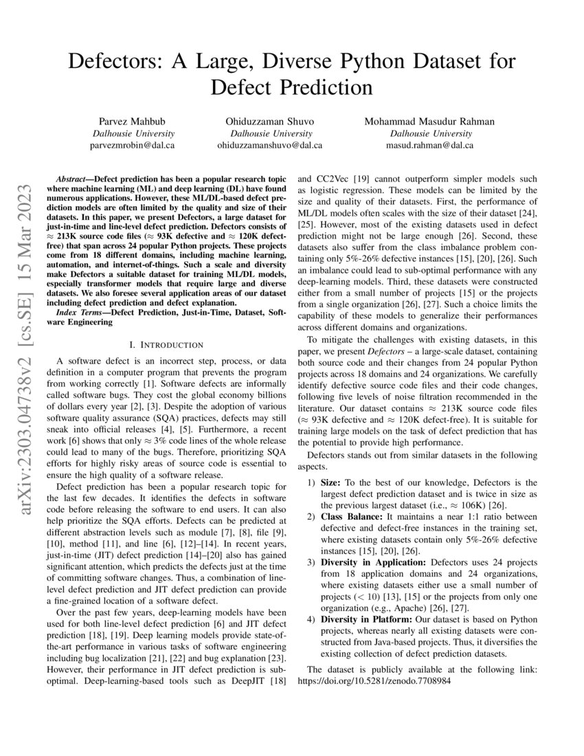 Defectors A Large, Diverse Python Dataset for Defect Prediction DeepAI