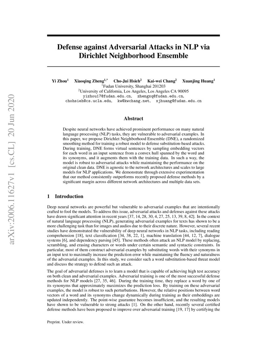 Defense Against Adversarial Attacks In Nlp Via Dirichlet Neighborhood Ensemble Deepai
