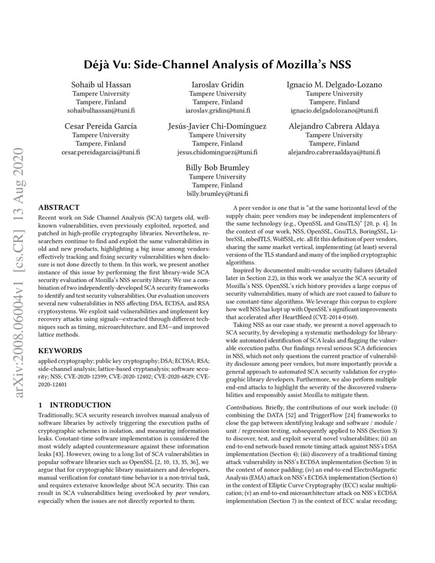 Déjà Vu SideChannel Analysis of Mozilla's NSS DeepAI