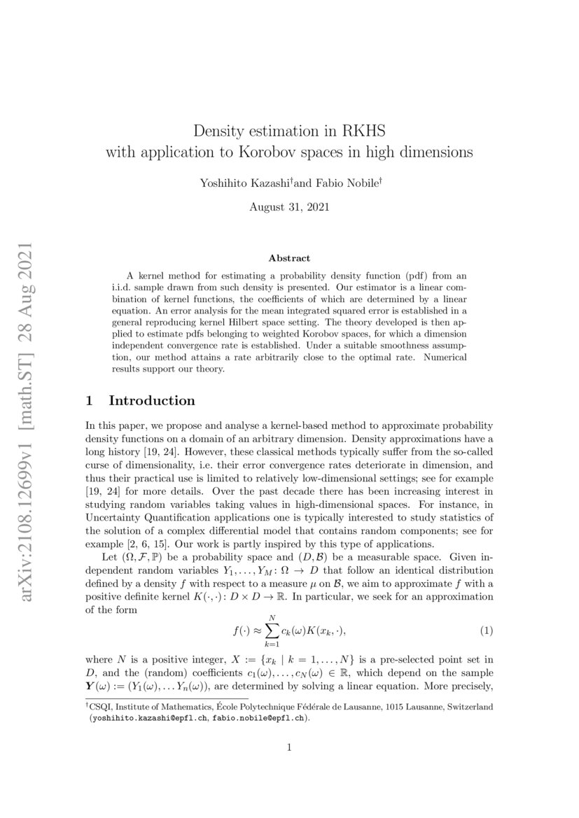 Density estimation in RKHS with application to Korobov spaces in high