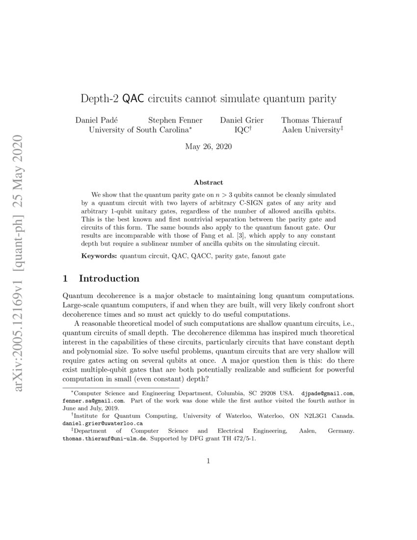Depth2 QAC circuits cannot simulate quantum parity DeepAI