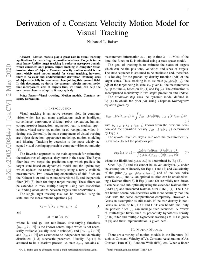 Derivation of a Constant Velocity Motion Model for Visual Tracking DeepAI
