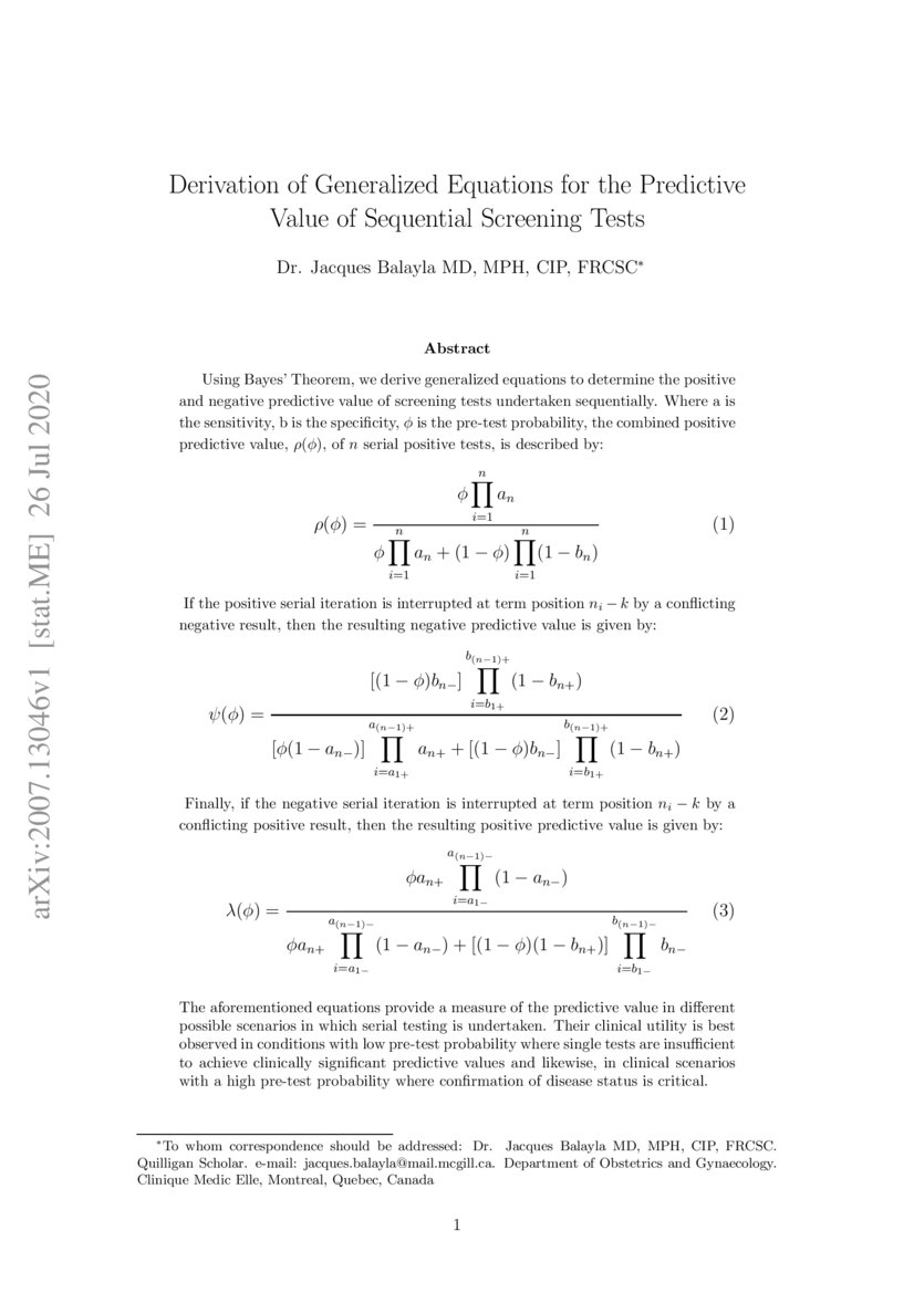 Derivation of Generalized Equations for the Predictive Value of