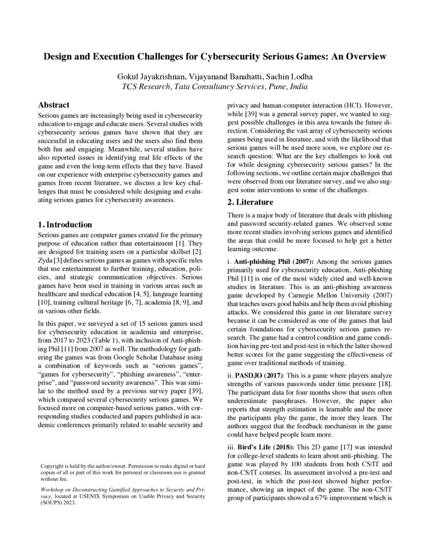 Design and Execution Challenges for Cybersecurity Serious Games: An ...