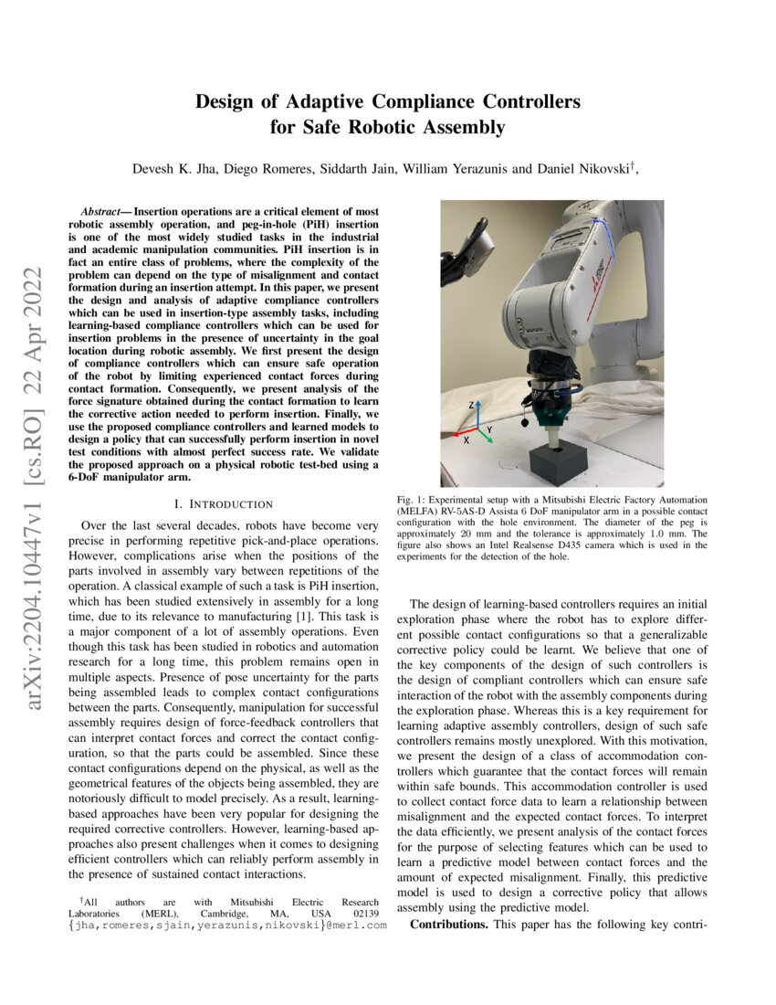 Design Of Adaptive Compliance Controllers For Safe Robotic Assembly