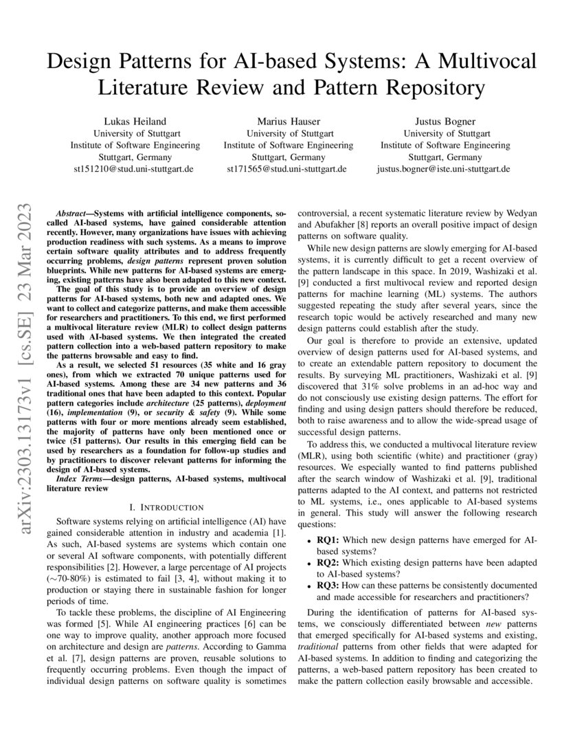 Design Patterns for AI-based Systems: A Multivocal Literature Review ...