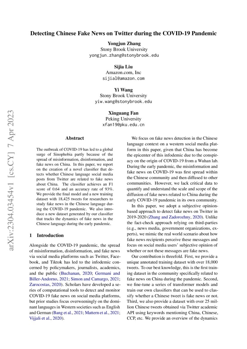 Detecting Chinese Fake News on Twitter during the COVID-19 Pandemic