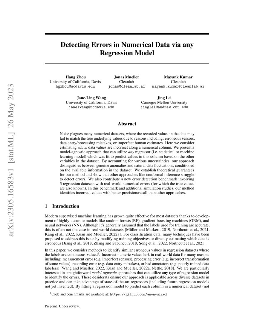 Detecting Errors in Numerical Data via any Regression Model DeepAI