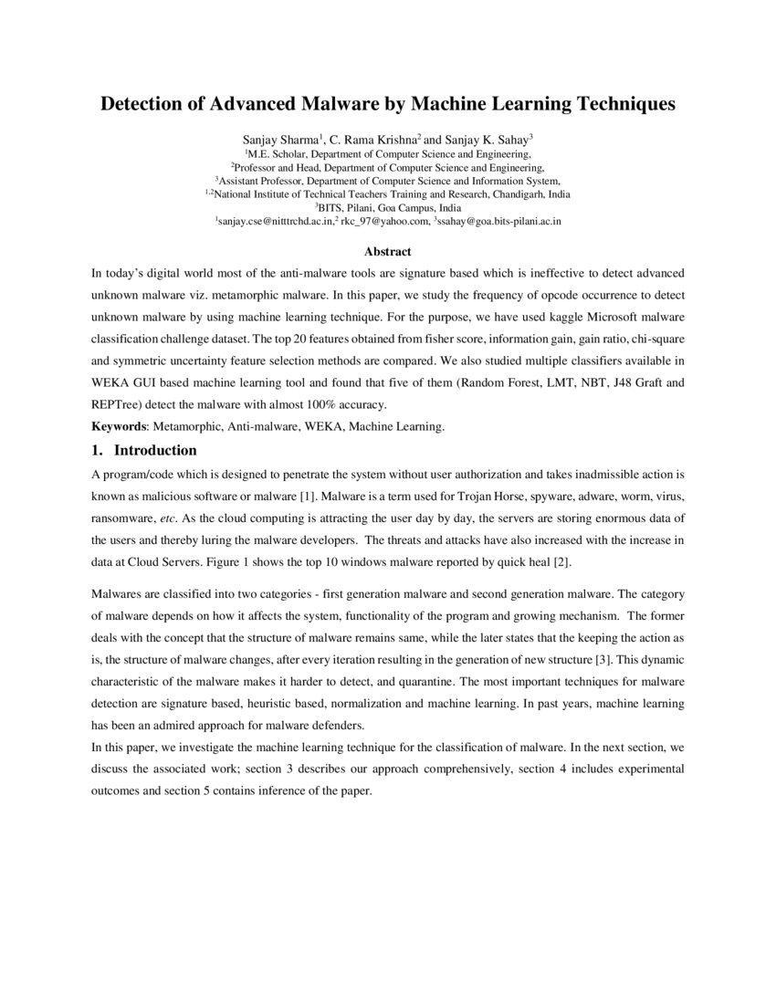Detection of Advanced Malware by Machine Learning Techniques | DeepAI
