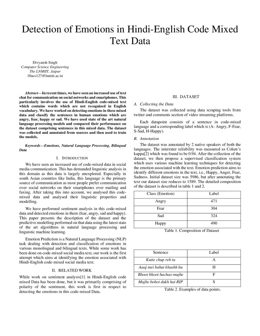 Detection of Emotions in HindiEnglish Code Mixed Text Data DeepAI