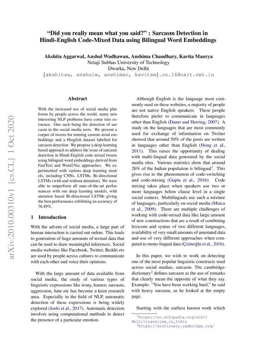 "Did you really mean what you said?" Sarcasm Detection in Hindi