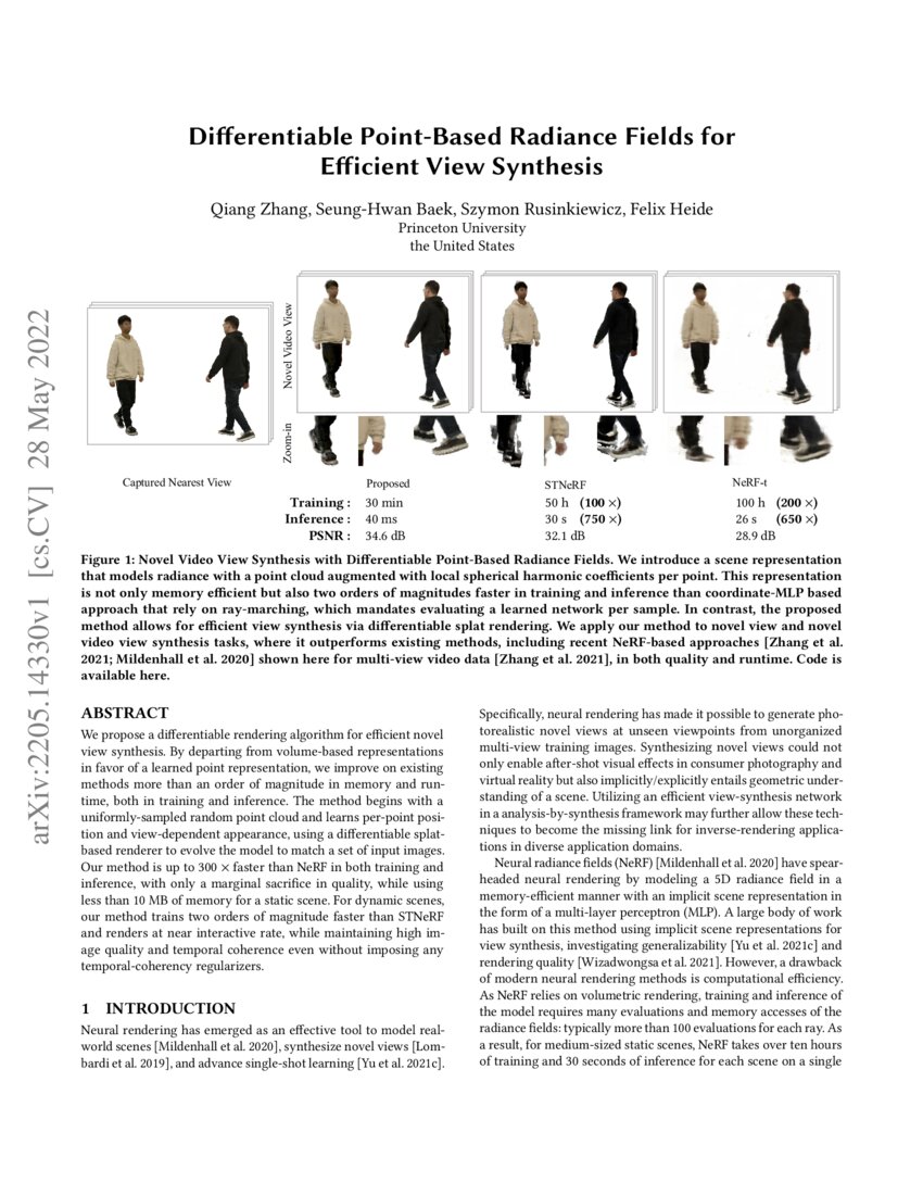 Differentiable Point Based Radiance Fields For Efficient View Synthesis Differentiable Point Based Radiance Fields For Efficient View Synthesis