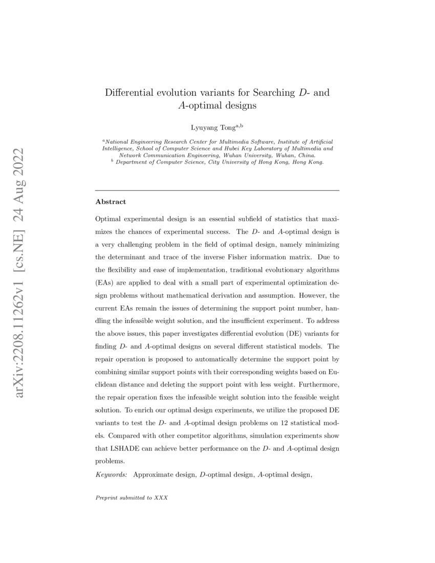 Differential evolution variants for Searching D and Aoptimal designs