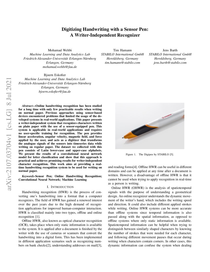 Digitizing Handwriting with a Sensor Pen A WriterIndependent