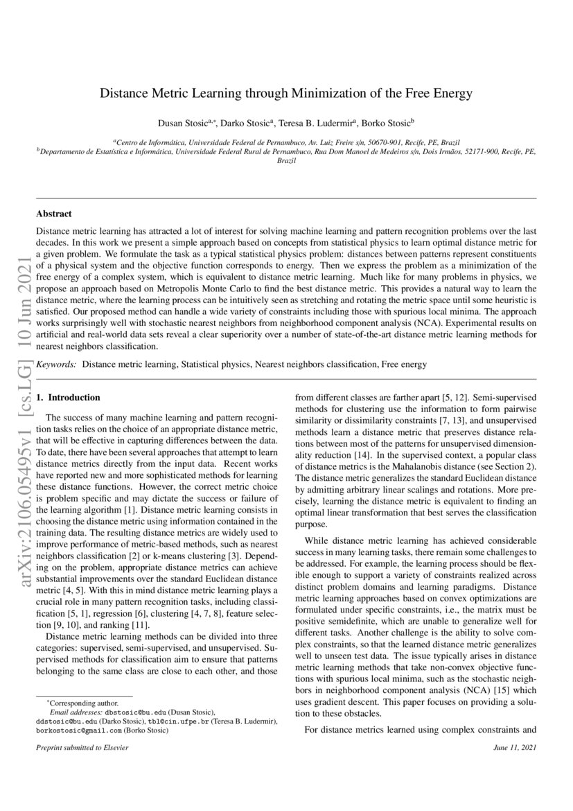 Distance metric learning through minimization of the free energy deepai