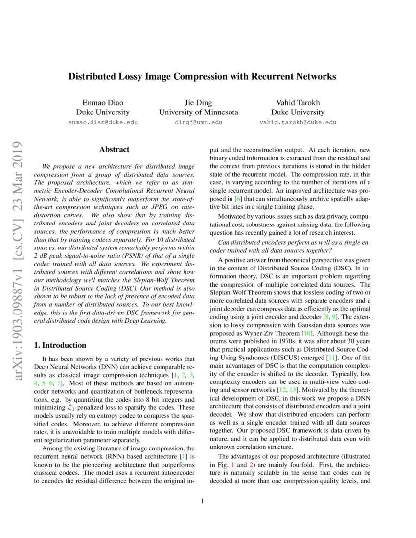 Distributed Lossy Image Compression with Recurrent Networks DeepAI