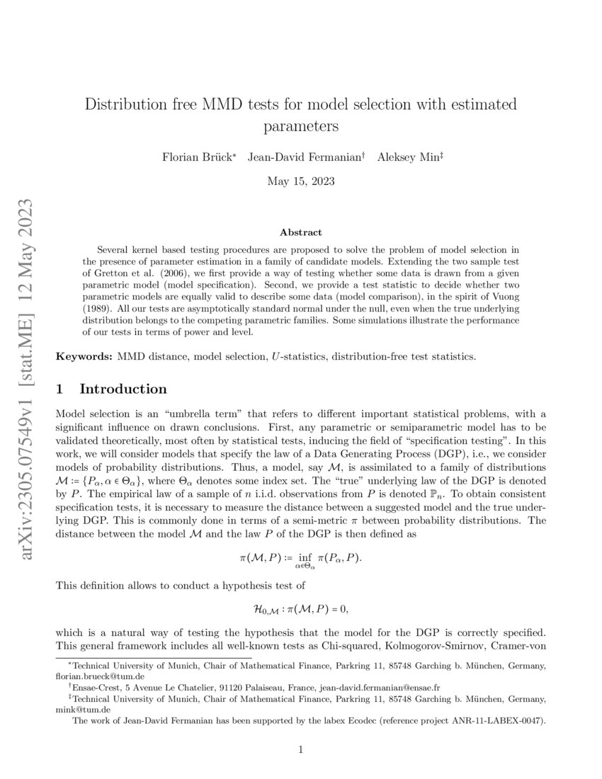 Distribution free MMD tests for model selection with estimated