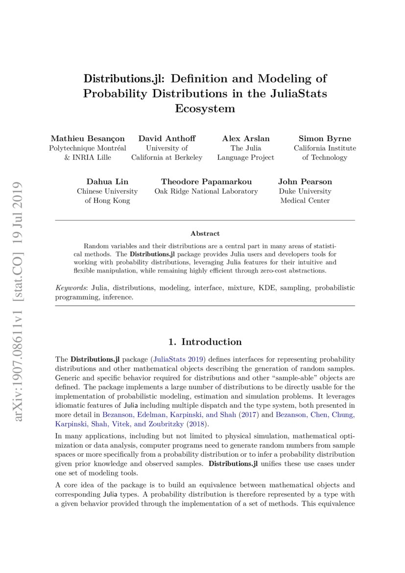 Distributions.jl Definition and Modeling of Probability Distributions